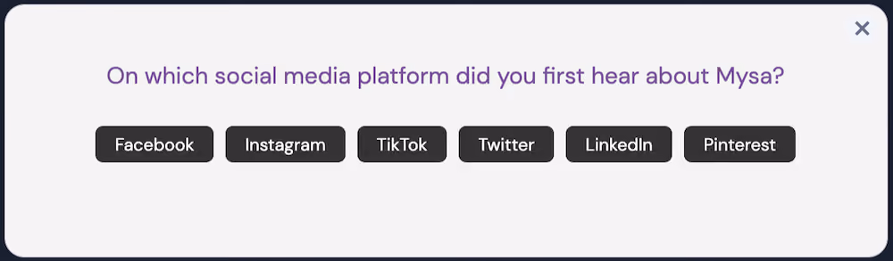 A conditional question Mysa asks if the shopper chooses "social media" in the first question. This question asks, "On which social media platform did you first hear about Mysa?" and offers a few social platforms to choose from.
