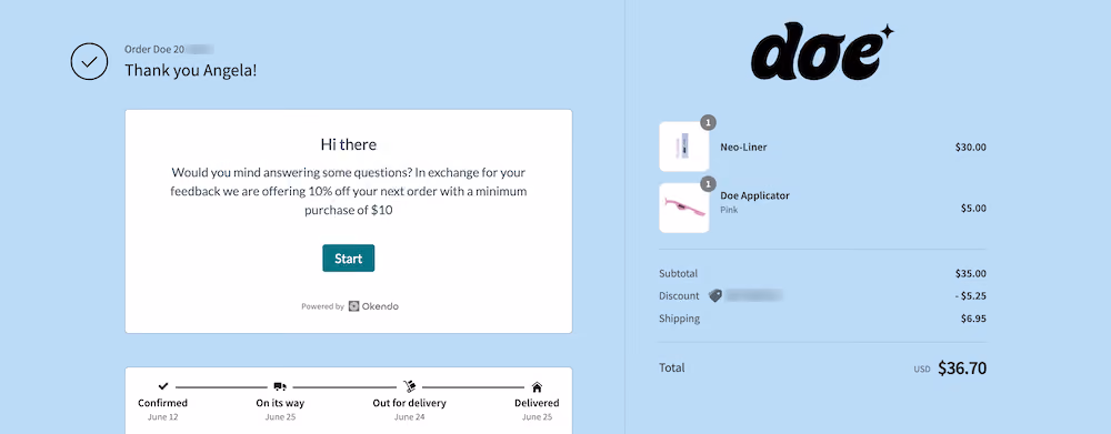 Doe Beauty's survey starts by asking if the shopper would mind answering some questions and offers a 10% discount for their next order.