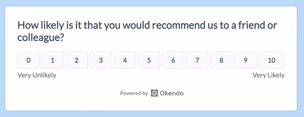 A zero to ten scale rating question in Doe's post-purchase survey asking, "How likely is it that you would recommend us to a friend or colleague?"