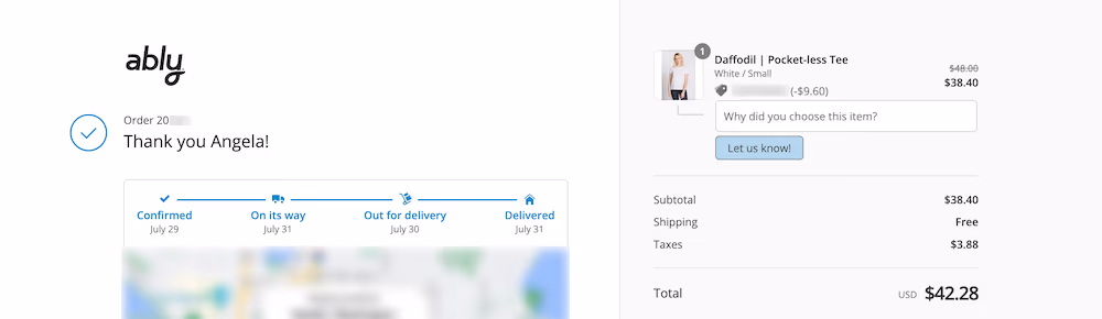 Ably's post-purchase survey appears immediately below the product purchased. It's an open-ended question asking, "Why did you choose this item?"