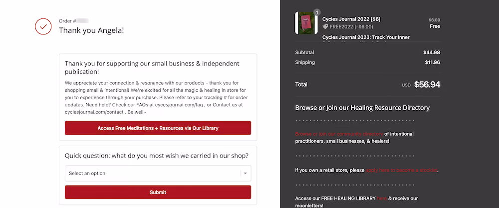 Cycle Journals' first post-purchase survey question asks, "What do you most wish we carried in our shop?" A dropdown menu gives the customer several options to choose from.