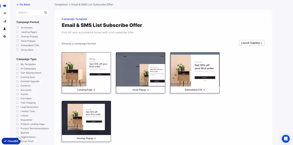 Campaign format options in ConvertFlow. For this template, we have a choice of landing page, hook popup, embedded CTA, and overlay popup.