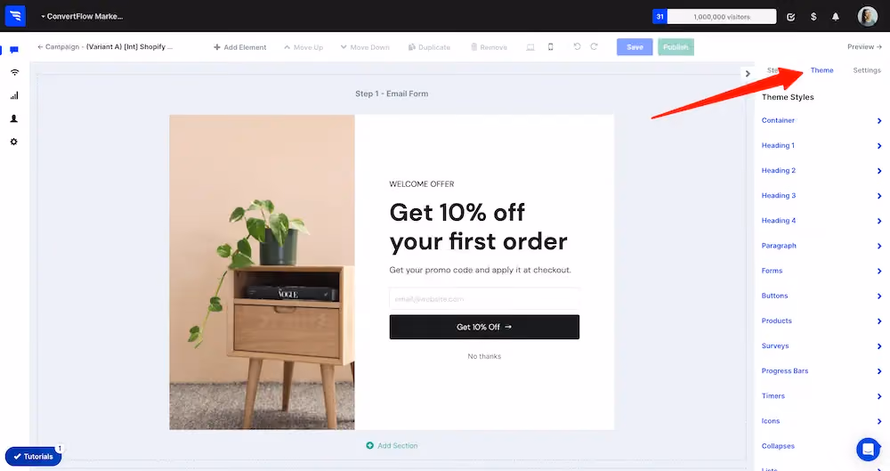 Theme settings menu in ConvertFlow