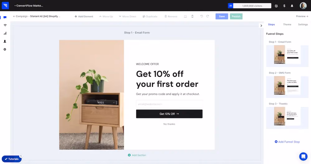The ConvertFlow builder with our chosen template in it