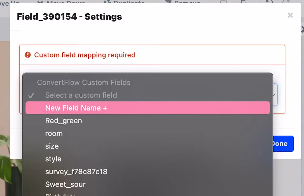 New field name dropdown in custom field settings