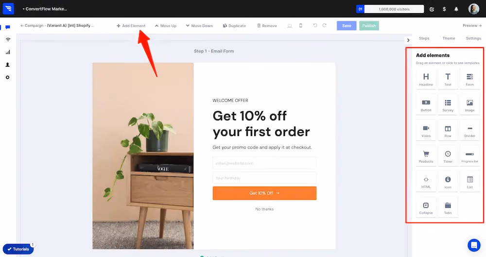 Add element button in ConvertFlow