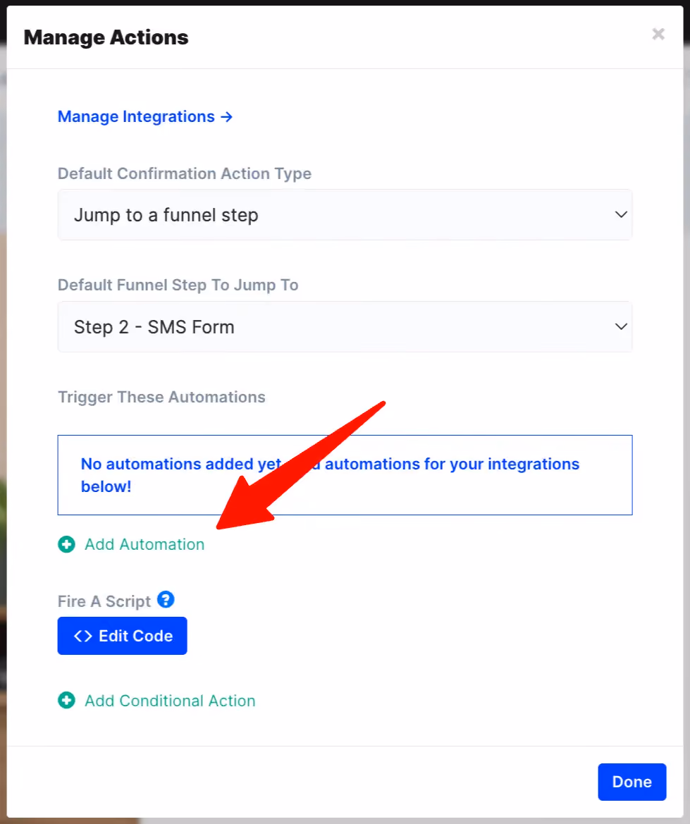 Add automation button in the "Manage Actions" modal