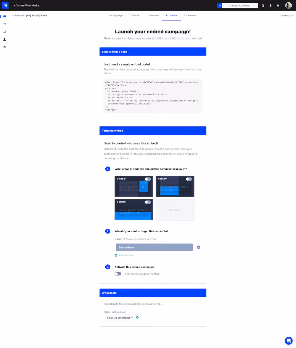 The launch page for campaigns in ConvertFlow