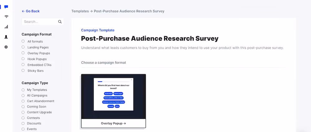 Campaign format options in ConvertFlow. The template we chose has one option: "Overlay Popup."