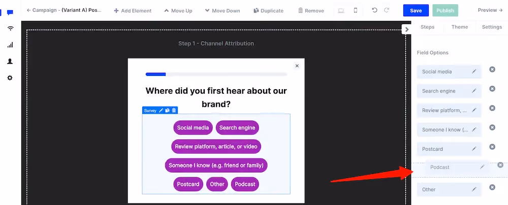 Reordering survey options in the survey element