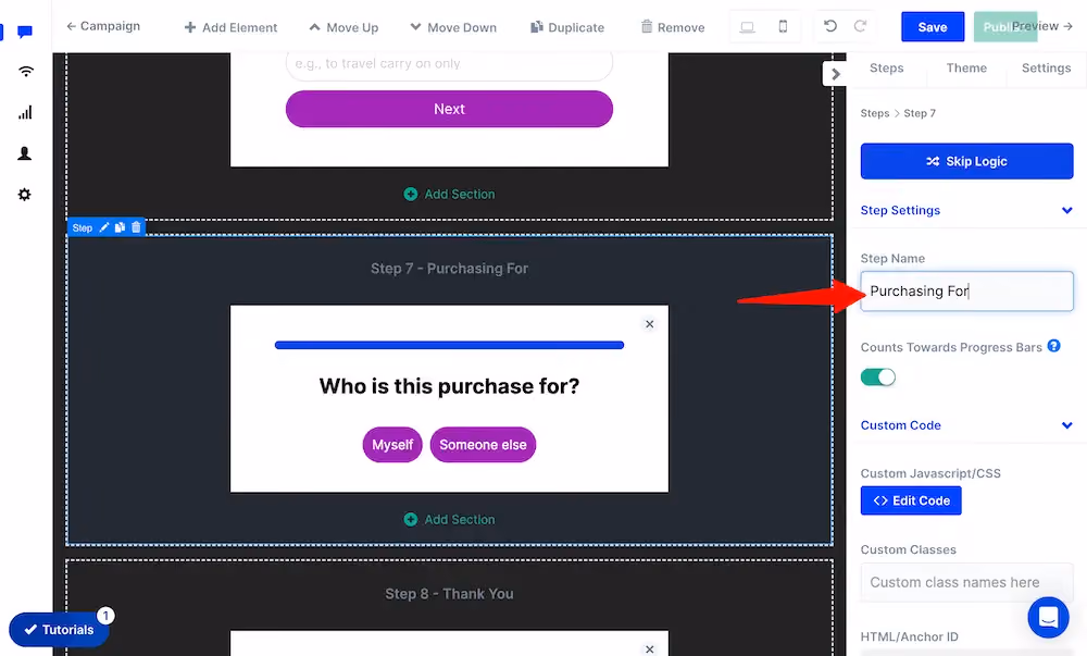 Editing the name of the step