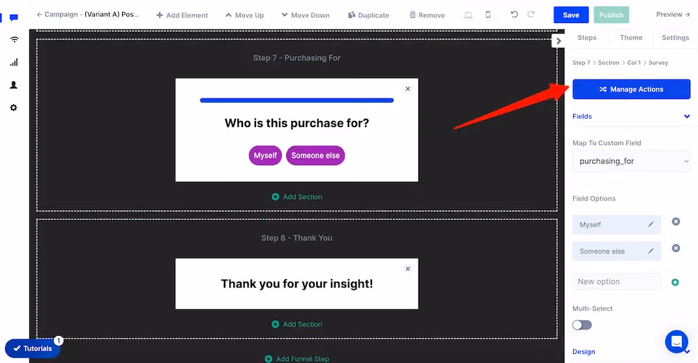 The "Manage Actions" button for a survey element