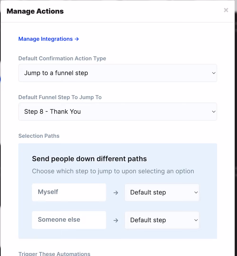 The Manage Actions panel with the default set to the thank you message step.