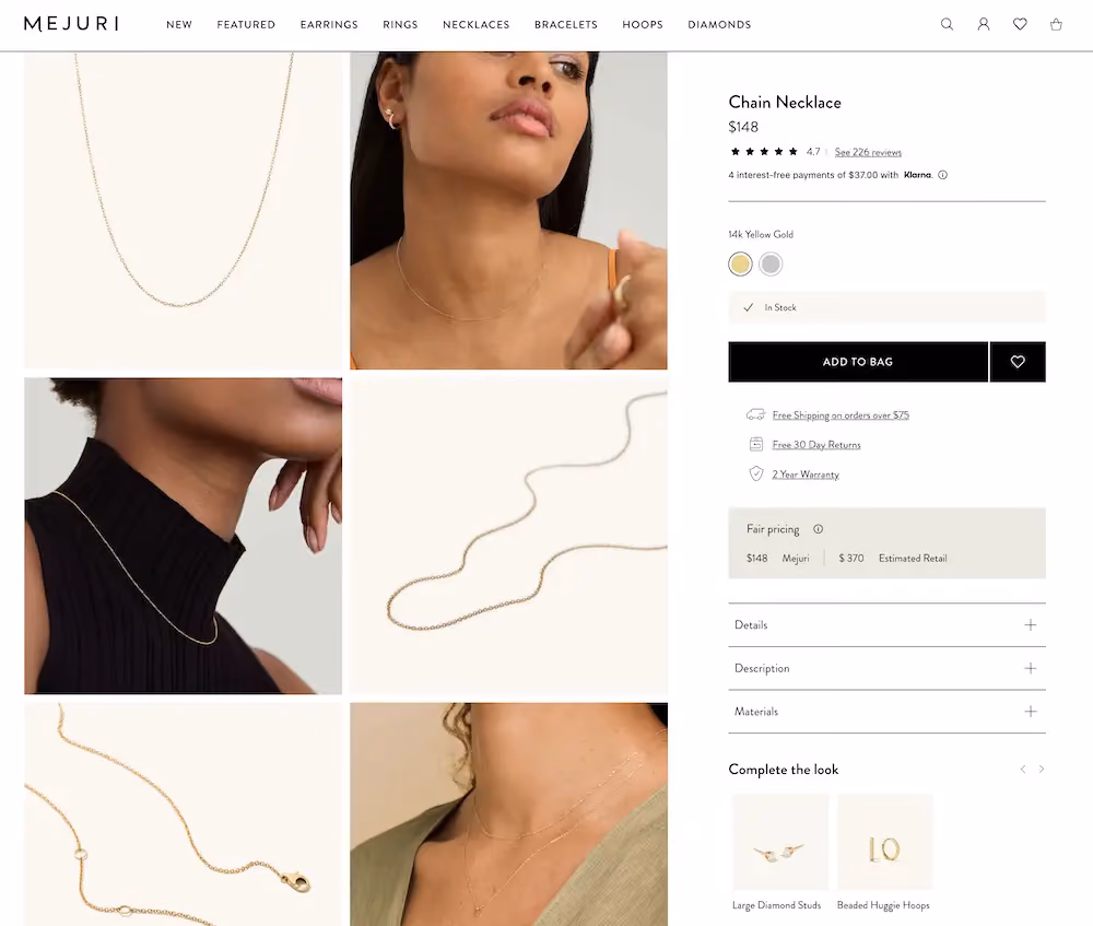A product page on Mejuri's website featuring product recommendations under the product details.
