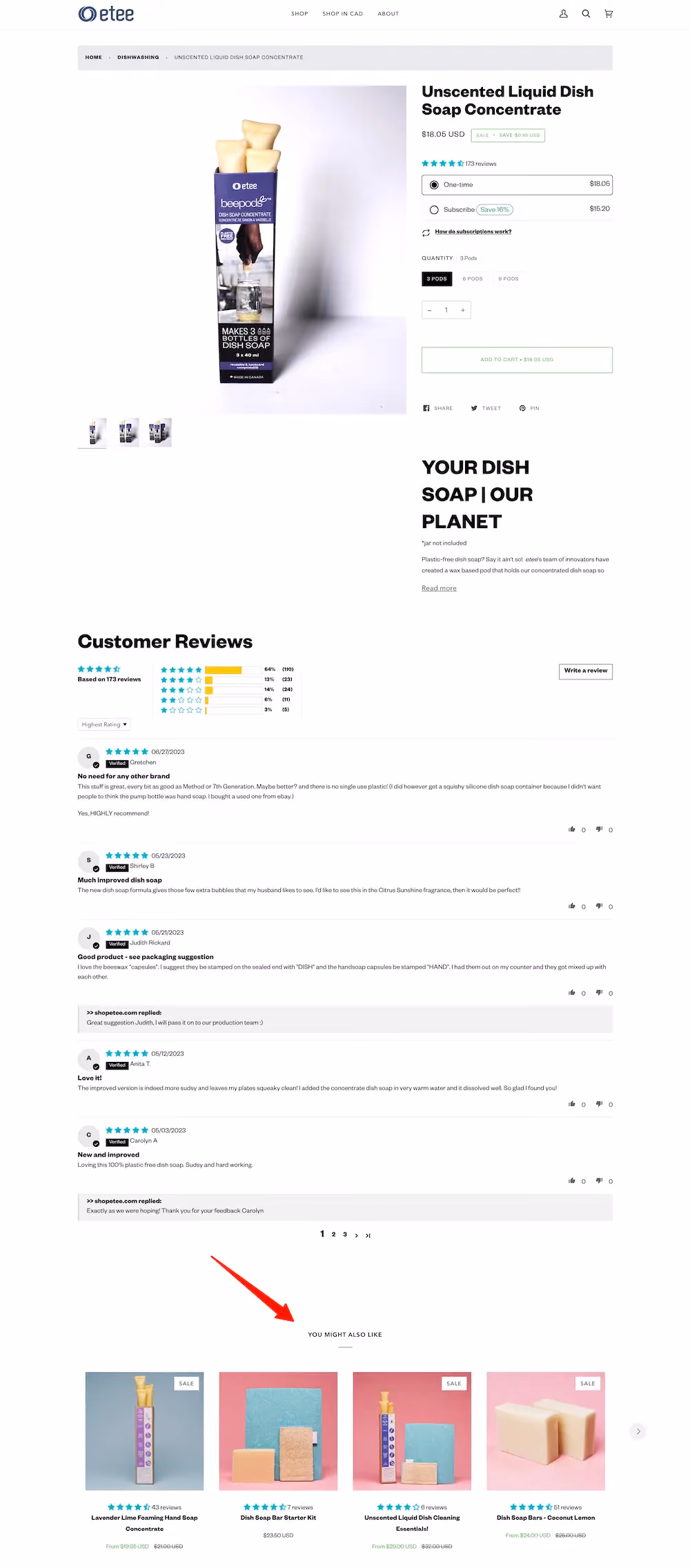 A product page on etee's website with a selection of recommendations at the bottom of the product page