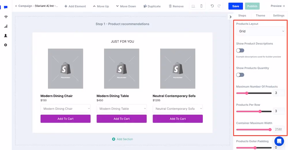 Product element editing options in ConvertFlow