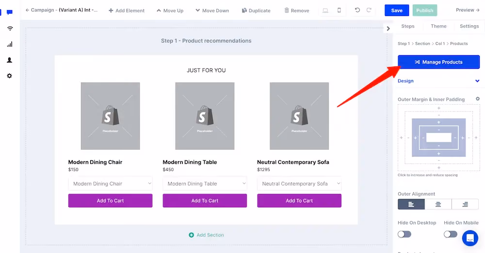 The "Manage Products" button that appears when clicking on a product element
