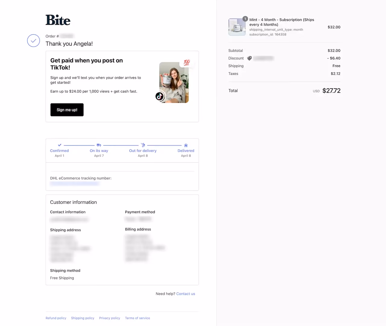 Bite Thank You Page Example