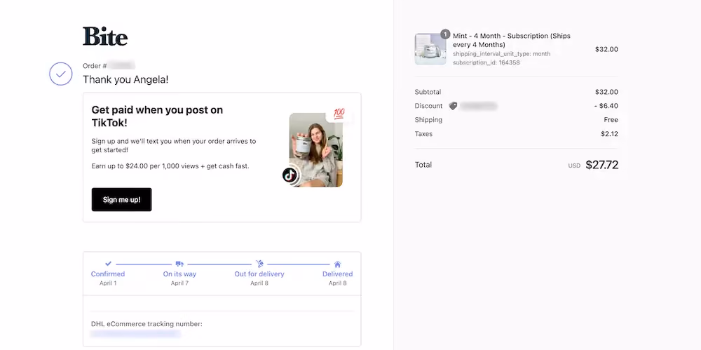 Bite's thank you page includes a CTA to post on TikTok in exchange for cash.