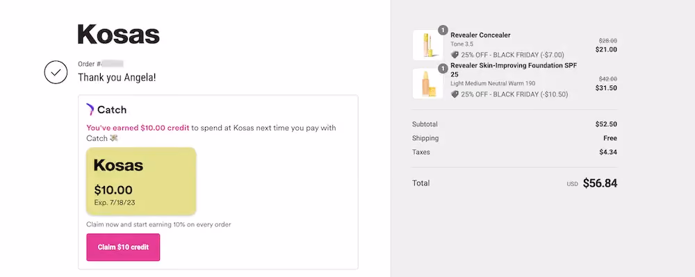 Kosas' thank you page offers shoppers $10 credit if they pay with Catch on their next order.