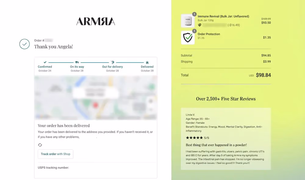 Armra's thank you page includes a featured five-star review.