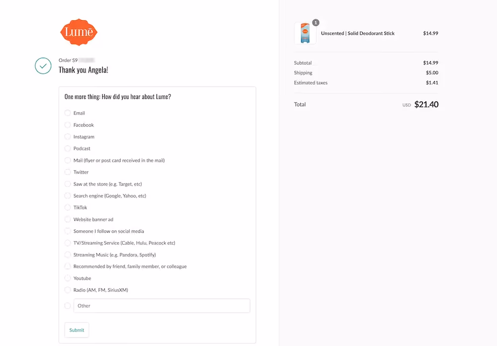 Lume's thank you page includes a post-purchase attribution survey