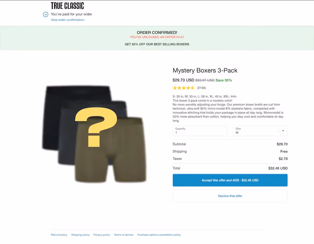 True Classic's thank you page offers a 50% discount on a bestselling pack of boxers.