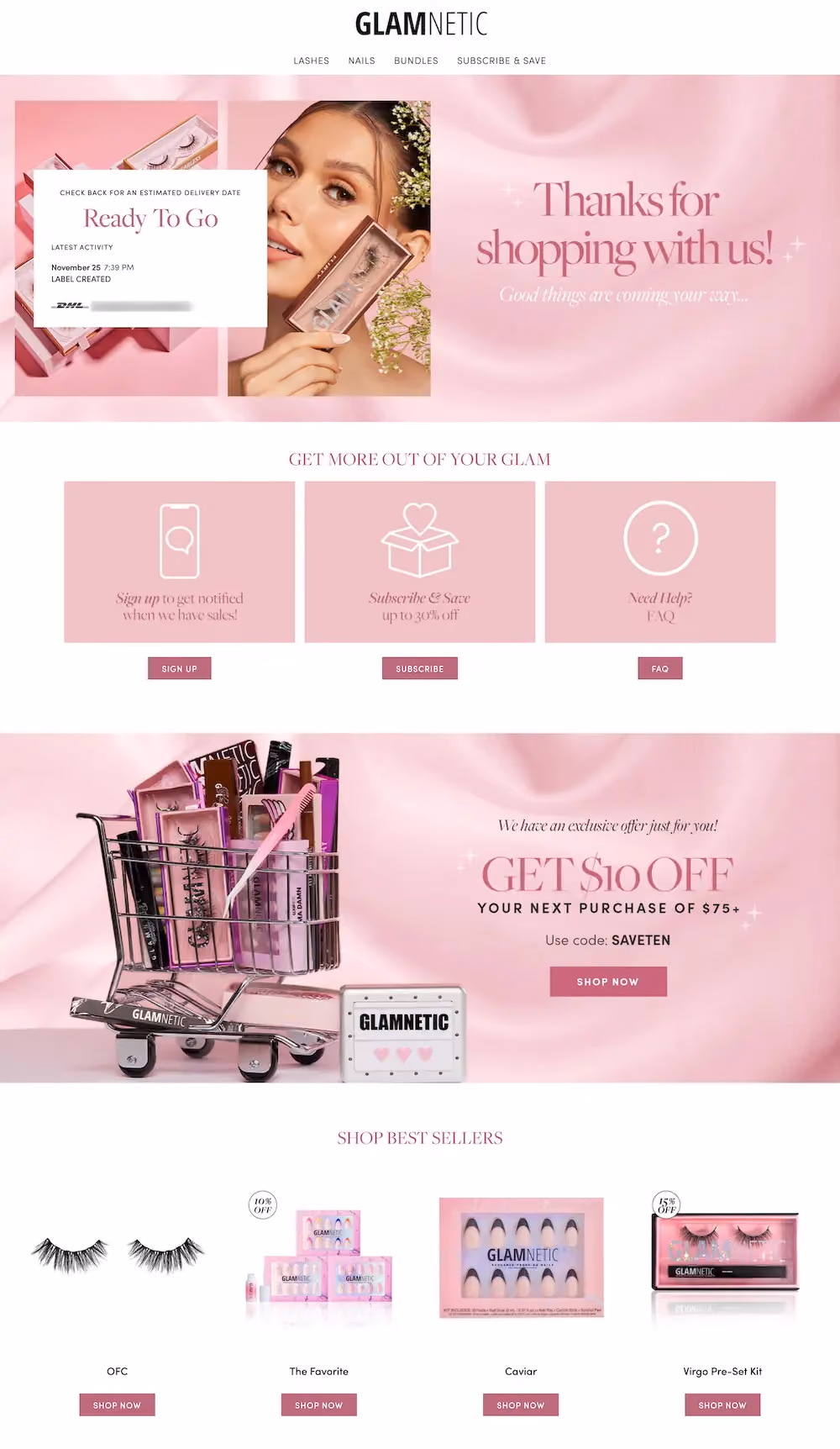 Glamnetic's thank you page gives shoppers the option to sign up for SMS, subscribe to recurring product deliveries, and browse FAQs. It also features bestselling items to continue shopping.