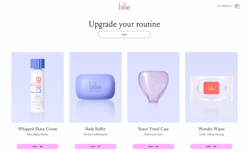 Billie's cross-sell page that appears when a shopper adds a product to their cart