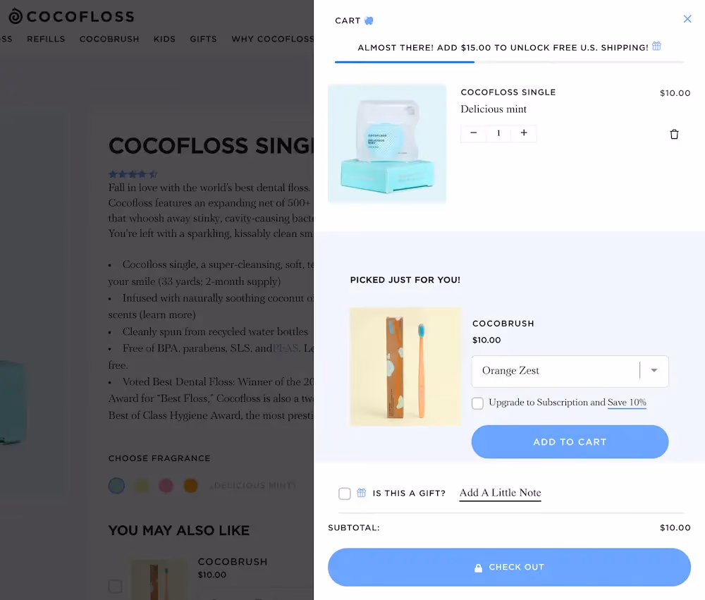 Cocofloss cross-sells a toothbrush in the shopping cart when a shopper adds floss to their cart.