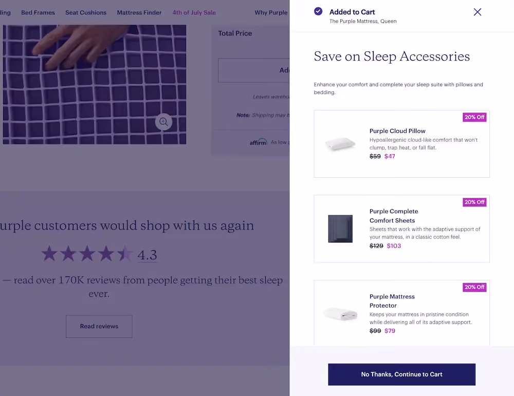 Purple offers a pillow, sheets, and mattress protector when a shopper adds a mattress to their cart.