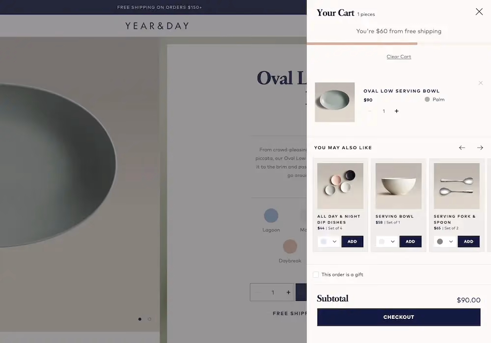 Year & Day's slide-in shopping cart showing a free shipping meter, the product in the cart, and relevant cross-sell offers.