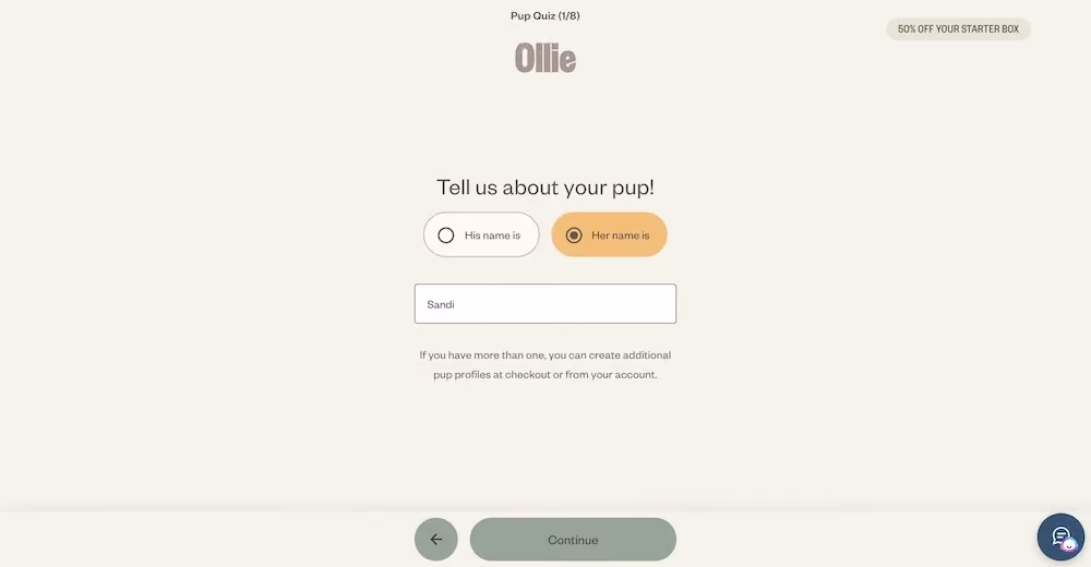 Ollie's dog food recommendation quiz starts by asking what the dog's name is.