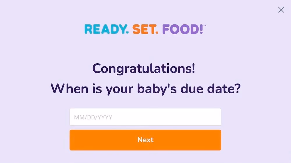 This stage of the popup reads, "Congratulations! When is your baby's due date?"