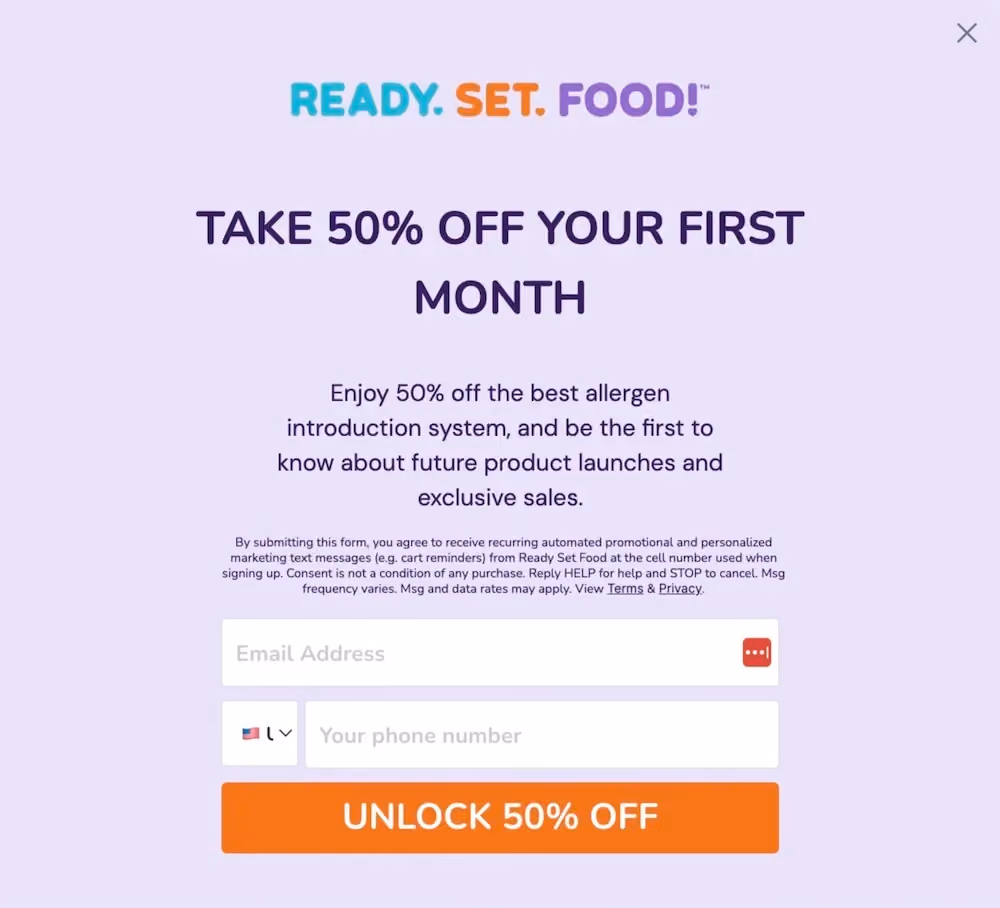 Email and SMS form with the header "Take 50% off your first month."
