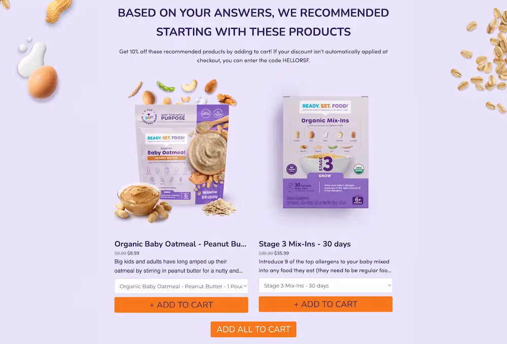 Quiz results page with two product options.