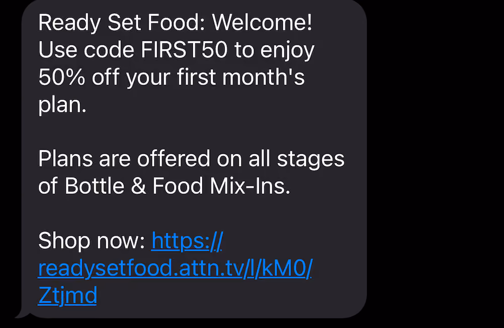 Welcome text with a discount code and link to shop