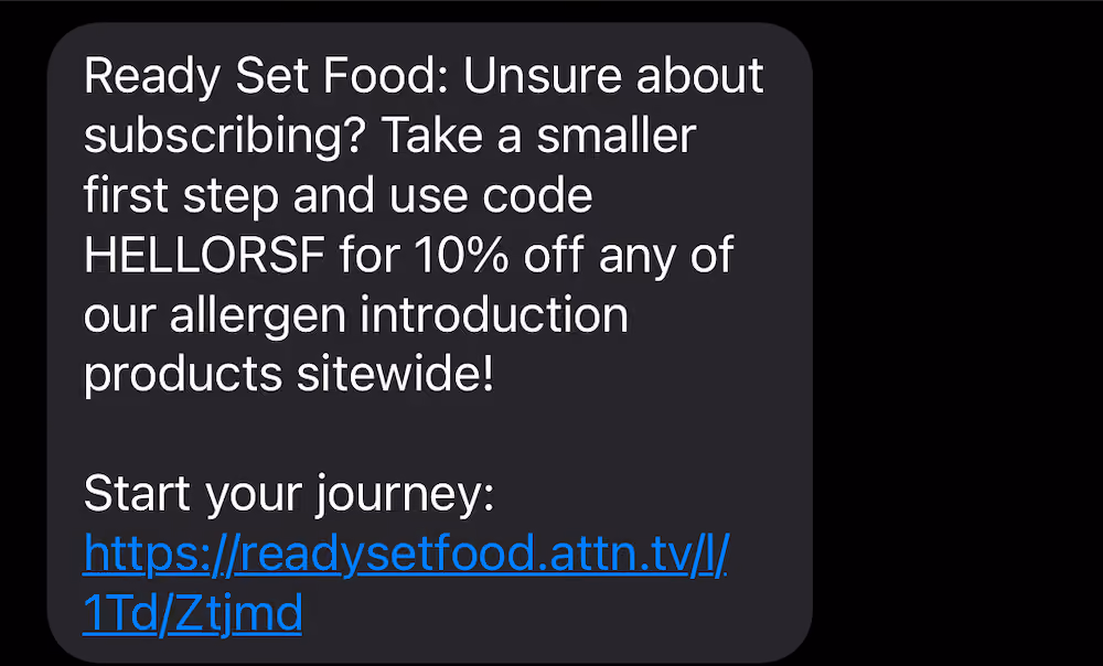 Text message offering shoppers 10% off individual products without a plan
