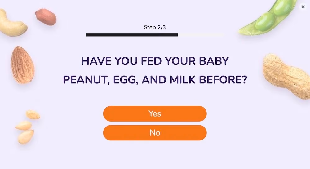 Step 2 of the quiz asks, "Have you fed your baby peanut, egg, and milk before?"