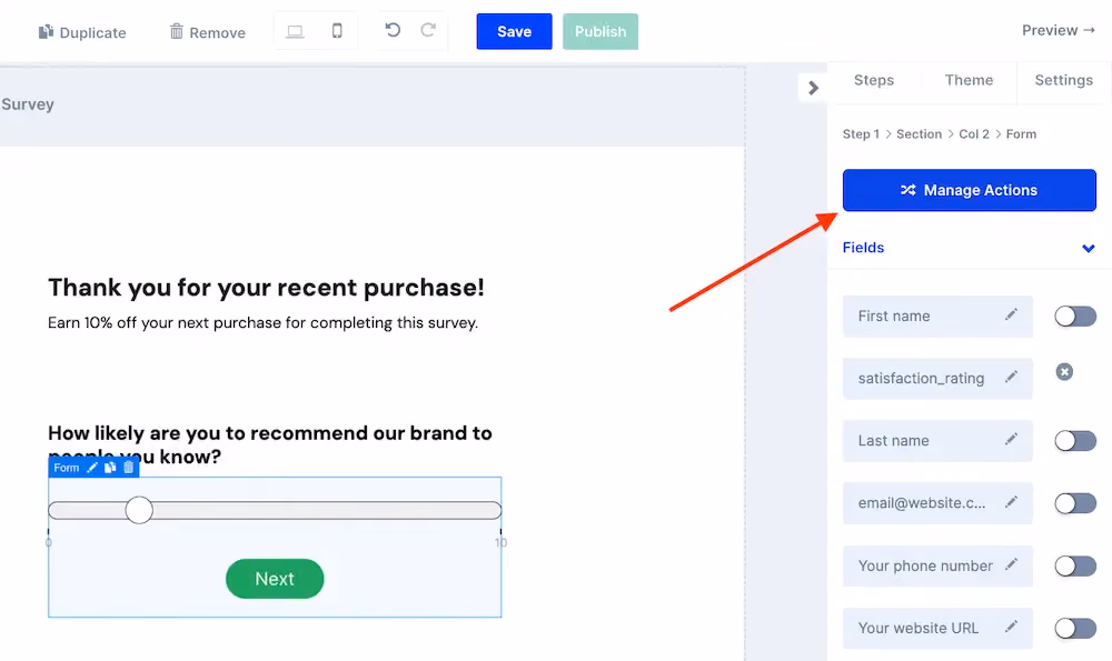 Manage actions button for a form.