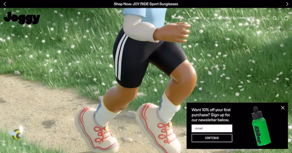 Joggy's hook popup appears in the lower-right corner of the screen. It reads "Want 10% off your first purchase? Sign up for our newsletter below."