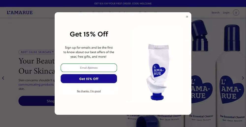 L'AMARUE's overlay popup reads "Get 15% off. Sign up for emails and be the first to know about our best offers of the year, free gifts, and more!"
