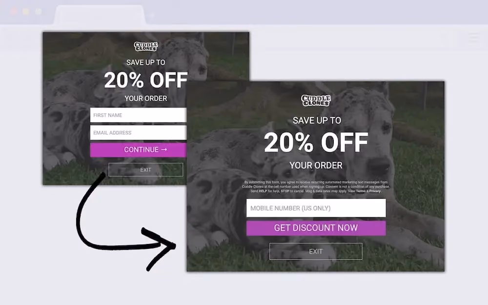 Cuddle Clones' welcome popup asking for the shopper's email in the first step and phone number in the second.