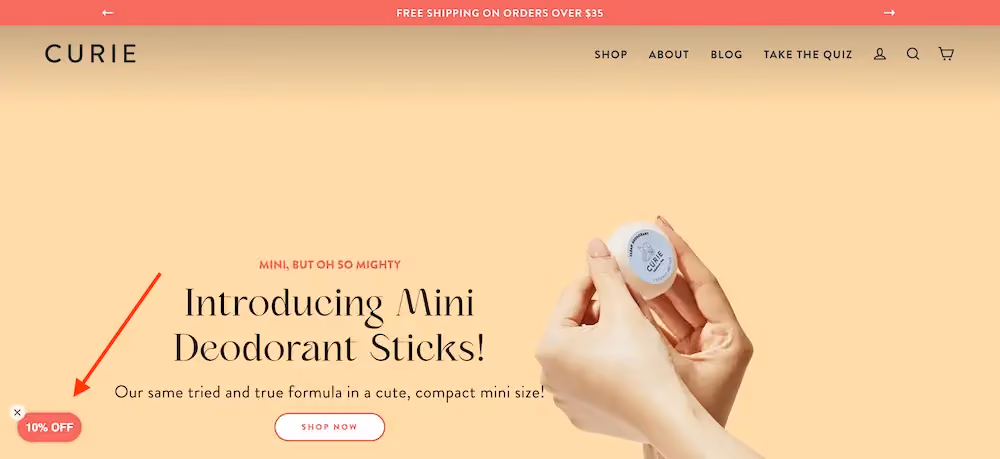 Curie's two-tap floating button appears in the lower-right corner and says "10% off"
