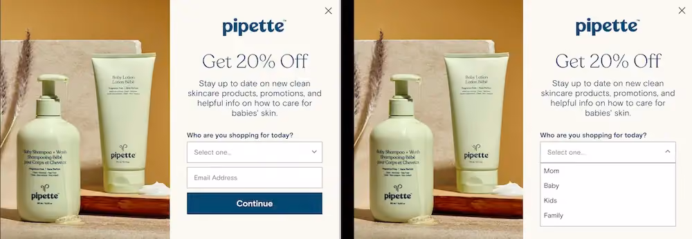 Pipette's welcome popup asks, "Who are you shopping for today?" A dropdown menu contains the options: mom, baby, kids, and family.