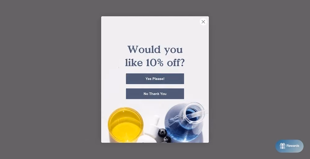 Three Ships Beauty's popup starts with a micro-yes, asking "Would you like 10% off?"