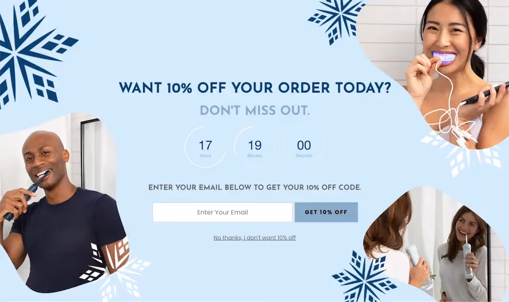 Snow's full-screen popup reads, "Want 10% off your order today? Don't miss out." And includes a timer to take advantage of the offer.