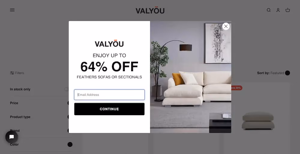 Valyou Furniture's collection-specific welcome popup reads, "Enjoy up to 64% off feathers sofas or sectionals."