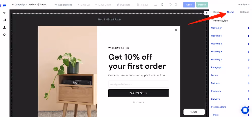 Theme tab in ConvertFlow