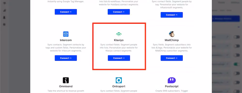 Klaviyo in the integrations menu